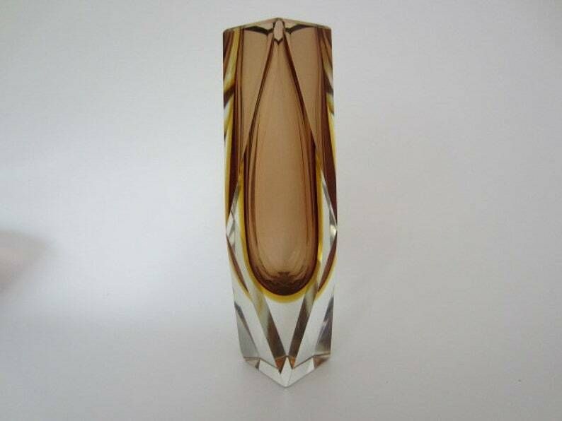 Space Age Mid Century Chocolate And Gold Sommerso Art Glass Faceted Prism Vase photo vinterior