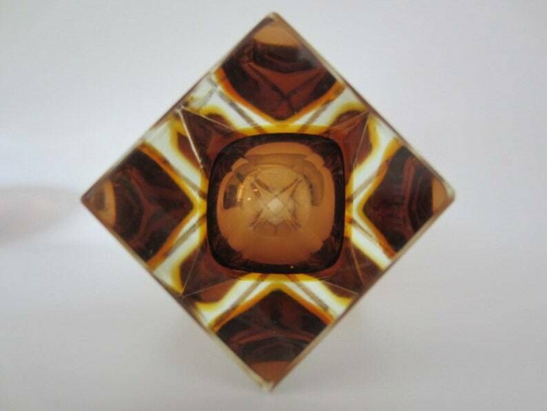 Space Age Mid Century Chocolate And Gold Sommerso Art Glass Faceted Prism Vase photo vintage