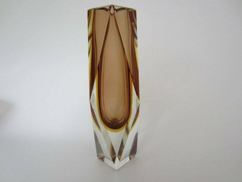 photo furniture Space Age Mid Century Chocolate And Gold Sommerso Art Glass Faceted Prism Vase