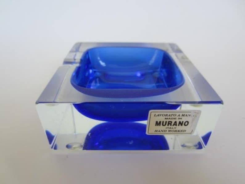 Blue Square Faceted Murano Art Glass Bowl Mandruzzato, Italy, Label.