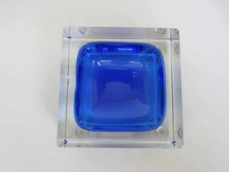 Blue Square Faceted Murano Art Glass Bowl Mandruzzato, Italy, Label. photo buy