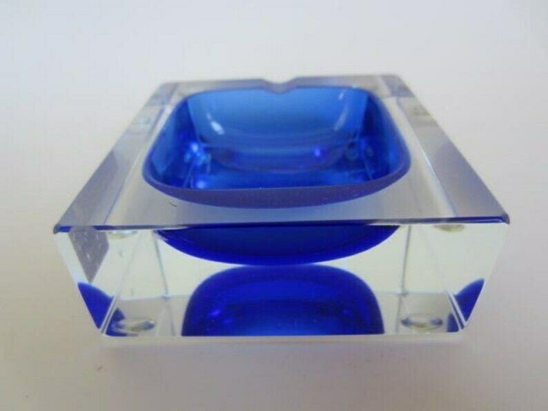 Blue Square Faceted Murano Art Glass Bowl Mandruzzato, Italy, Label. photo vintage
