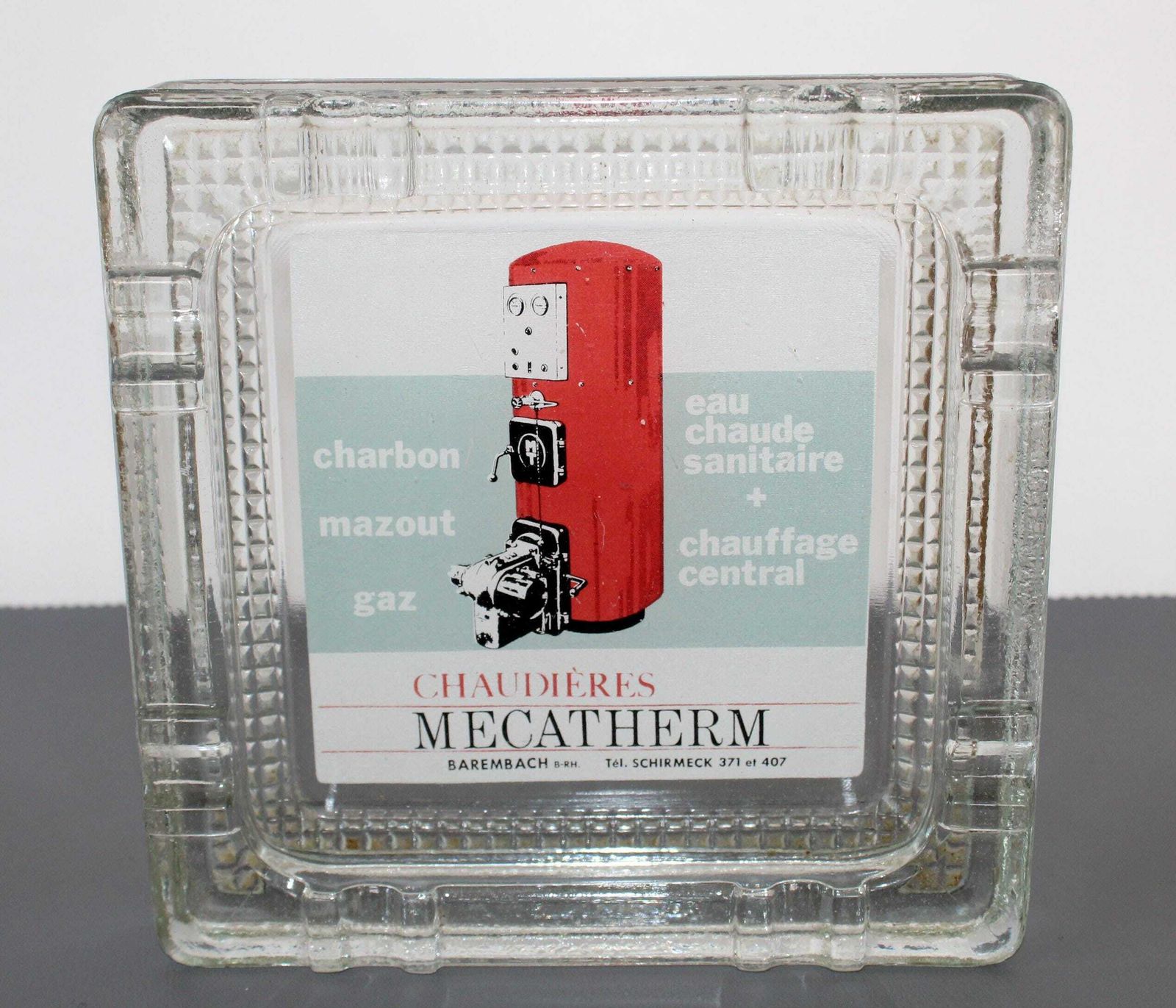 Large Heavy Vintage French Mid Century Glass Ashtray, Thick Square Glass Block, Advertisement Heating Boiler, Tobacciana Collector Mecatherm photo Home Decor