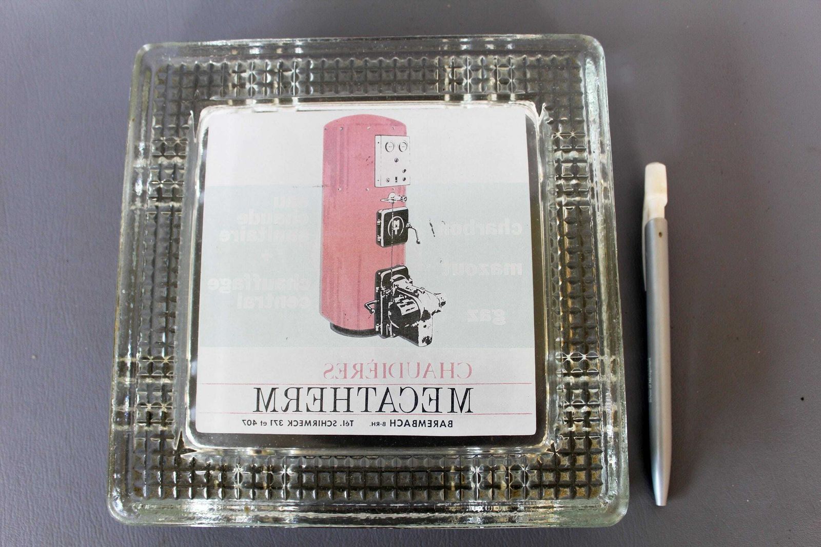 Large Heavy Vintage French Mid Century Glass Ashtray, Thick Square Glass Block, Advertisement Heating Boiler, Tobacciana Collector Mecatherm photo vintage