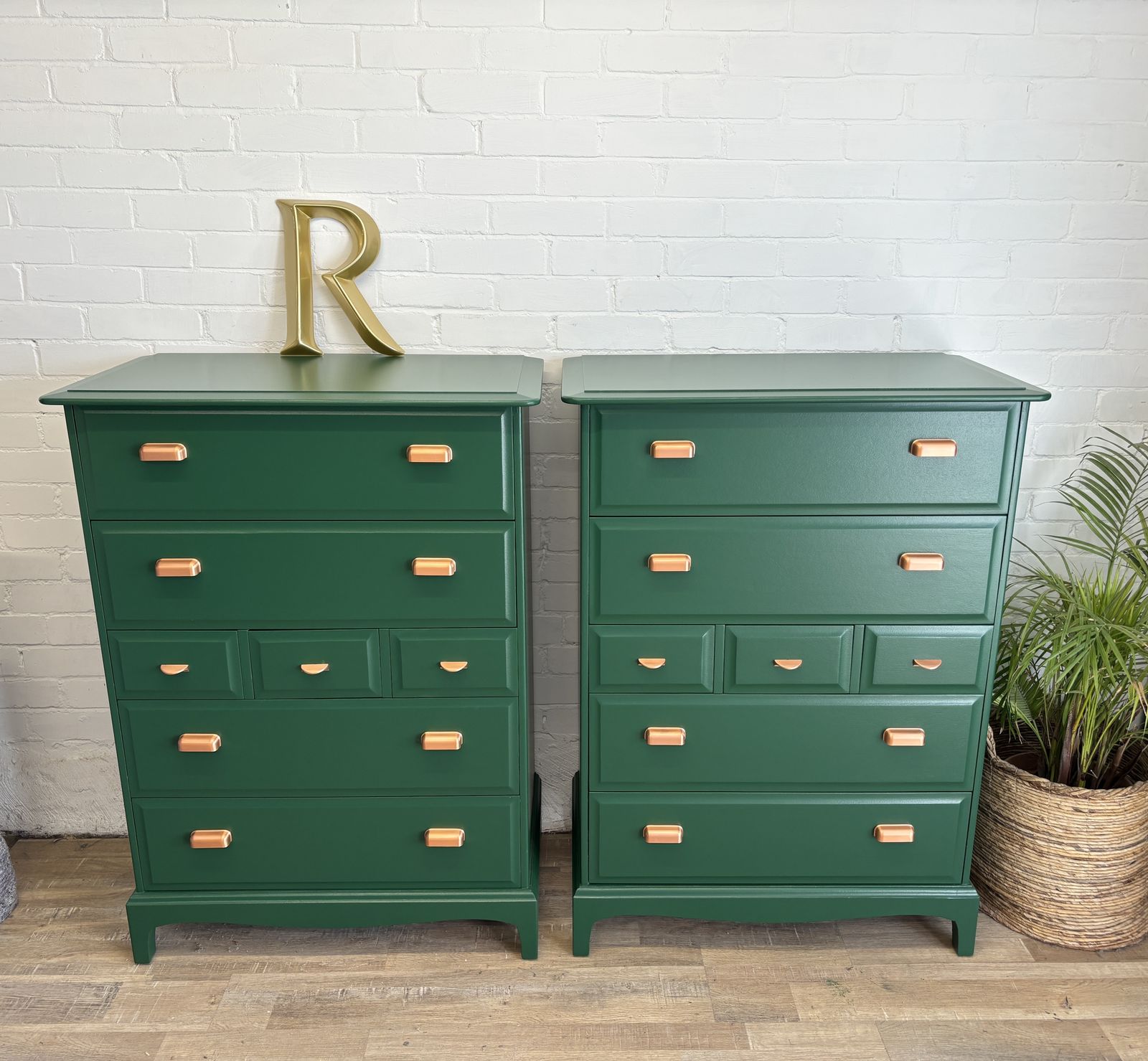 Furniture Pair Of Stag Minstrel Tallboy Chest Of Drawers Painted Green photo