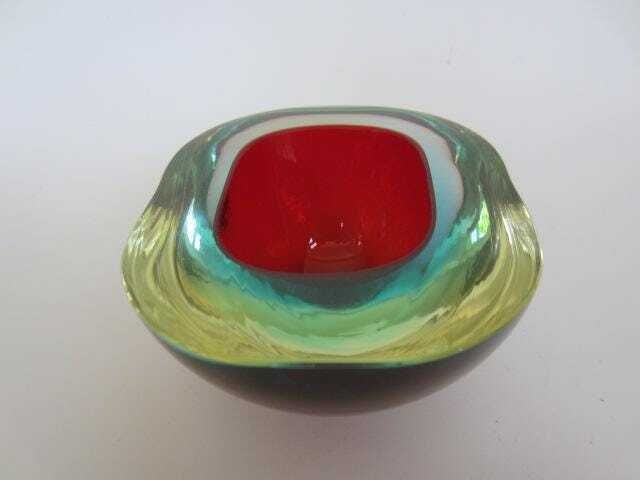 Murano Sommerso Oval Faceted Red Blue And Glowing Green Geode Art Glass Bowl photo Home Decor