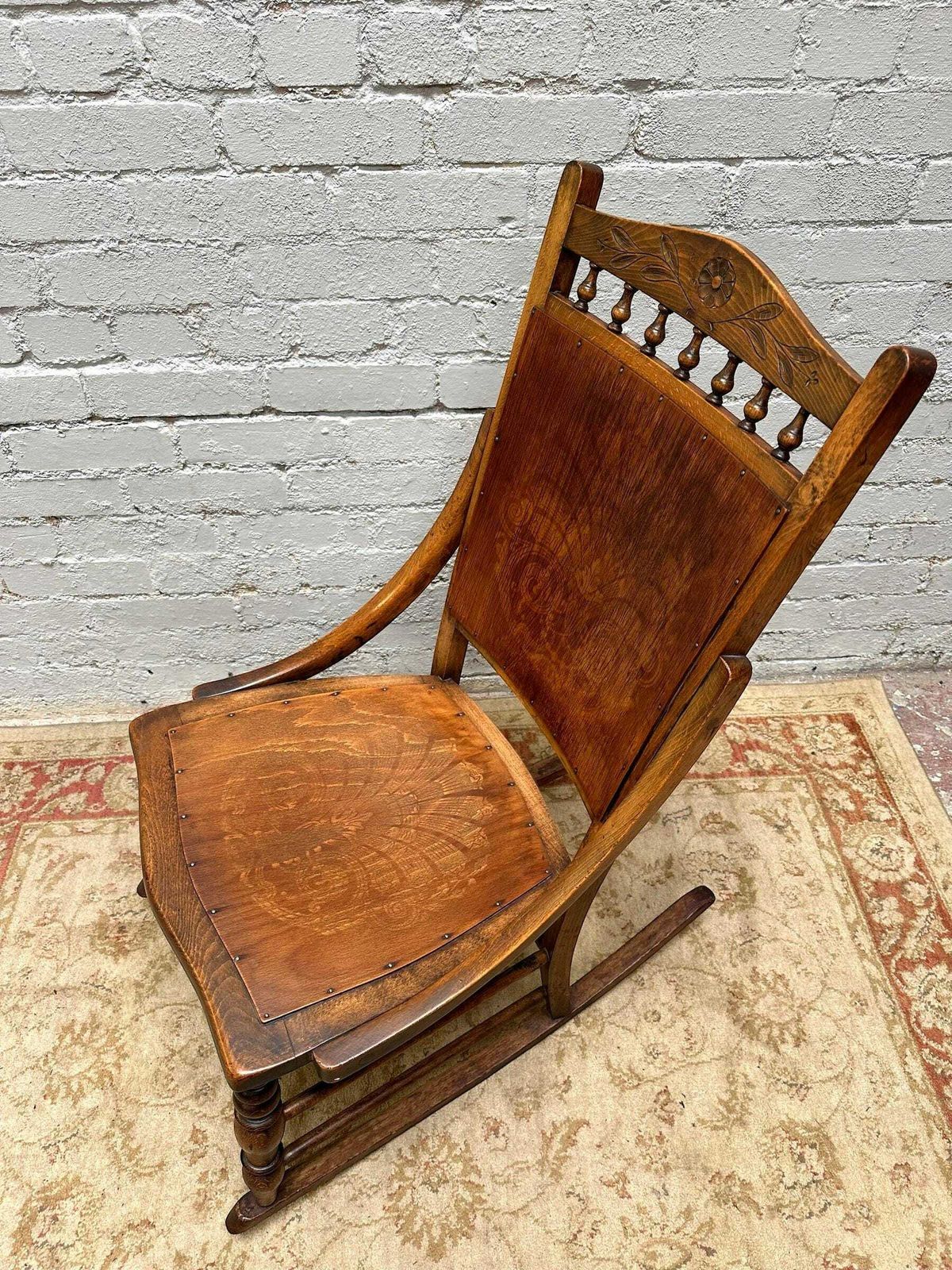 Antique Early 20th Edwardian Century Beech Floral Occasional Rocking Chair photo 222.0