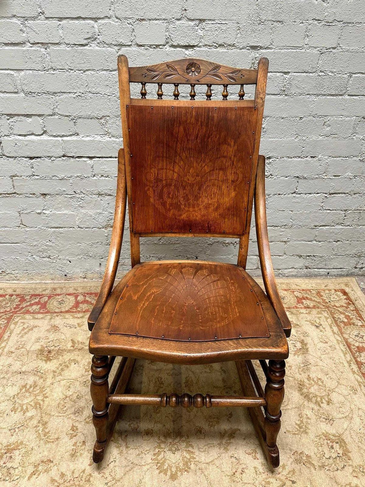 Antique Early 20th Edwardian Century Beech Floral Occasional Rocking Chair photo vintage