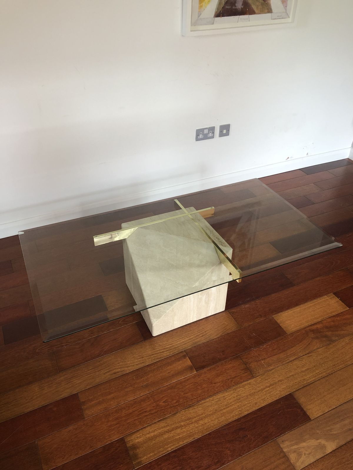 Italian Vintage Travertine, Brass And Glass Coffee Table, By Artedi , 1970s