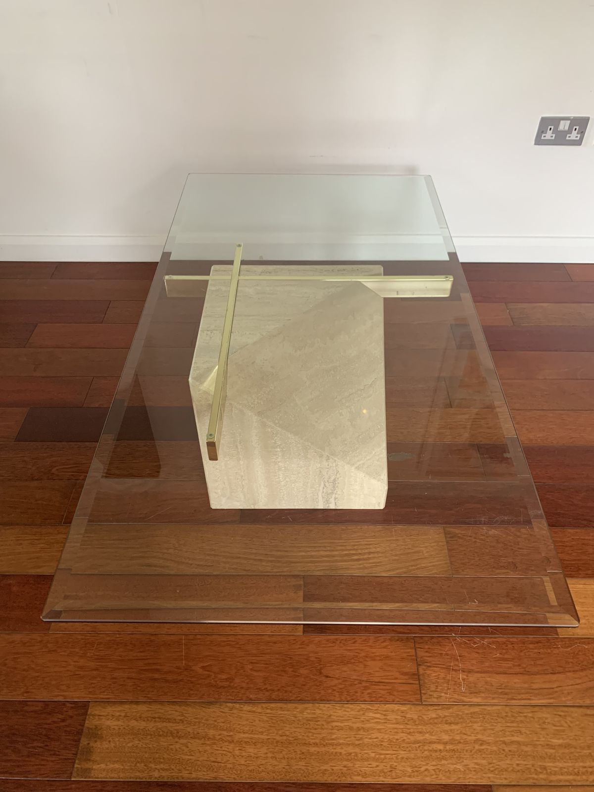 Italian Vintage Travertine, Brass And Glass Coffee Table, By Artedi , 1970s photo Furniture