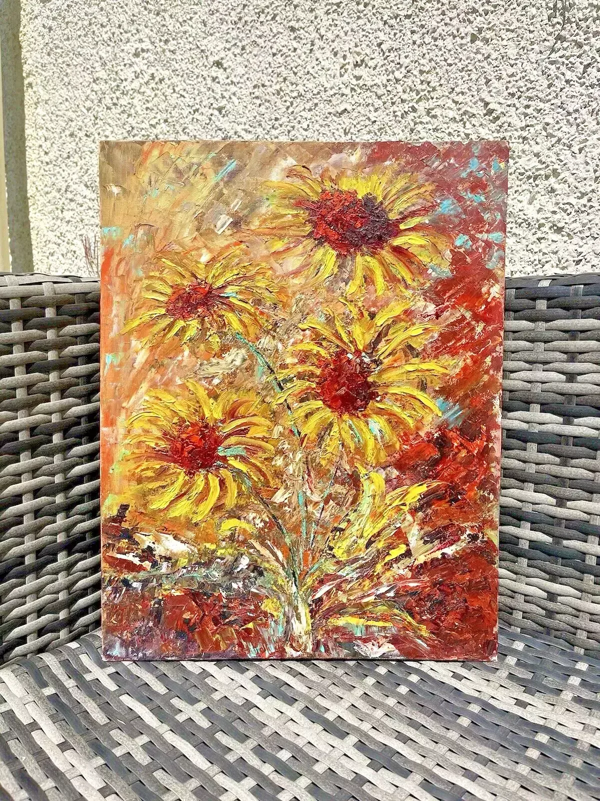 Vintage Original Floral Sunflower Bouquet Textured Abstract Still Life Painting