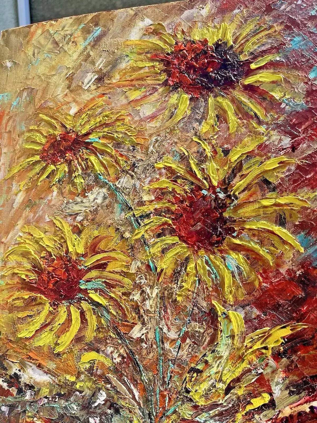 Vintage Original Floral Sunflower Bouquet Textured Abstract Still Life Painting photo vinterior