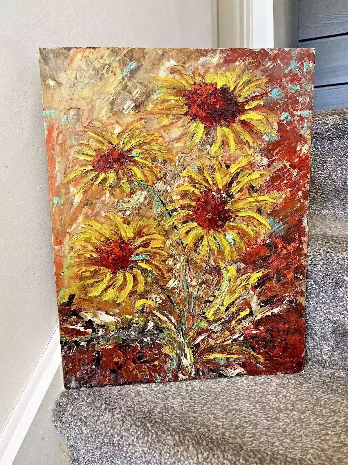 Vintage Original Floral Sunflower Bouquet Textured Abstract Still Life Painting photo vintage