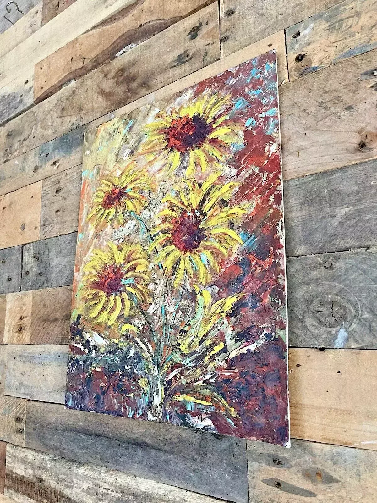 120.0 Vintage Original Floral Sunflower Bouquet Textured Abstract Still Life Painting photo