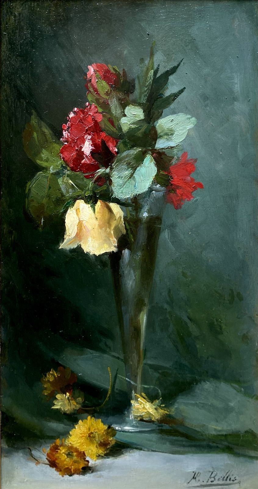 'Red And Yellow Roses In A Glass Vase' Van Hubert Bellis (1831 Brussel 1902) photo for sale