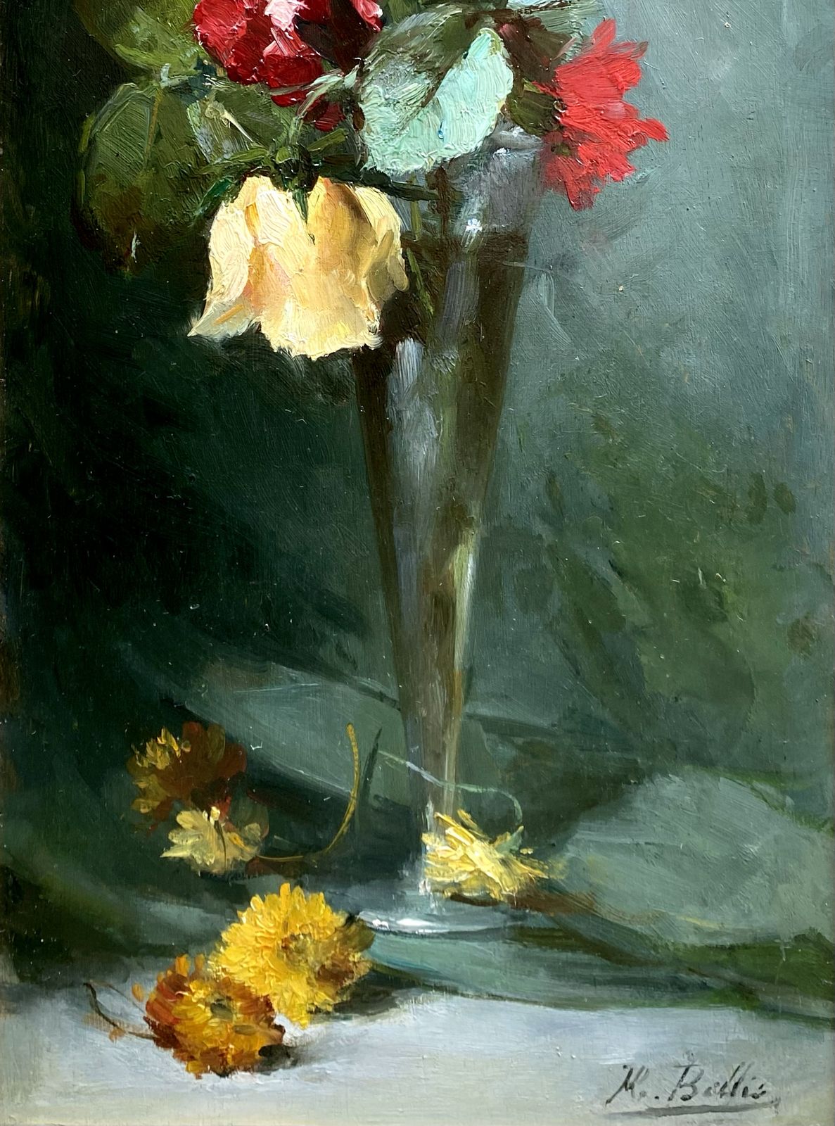 photo for sale 'Red And Yellow Roses In A Glass Vase' By Hubert Bellis ( 1831   Brussel   1902)
