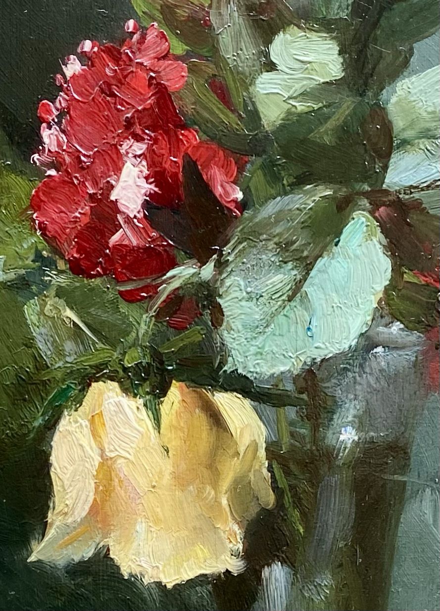 photo vintage 'Red And Yellow Roses In A Glass Vase' By Hubert Bellis ( 1831   Brussel   1902)