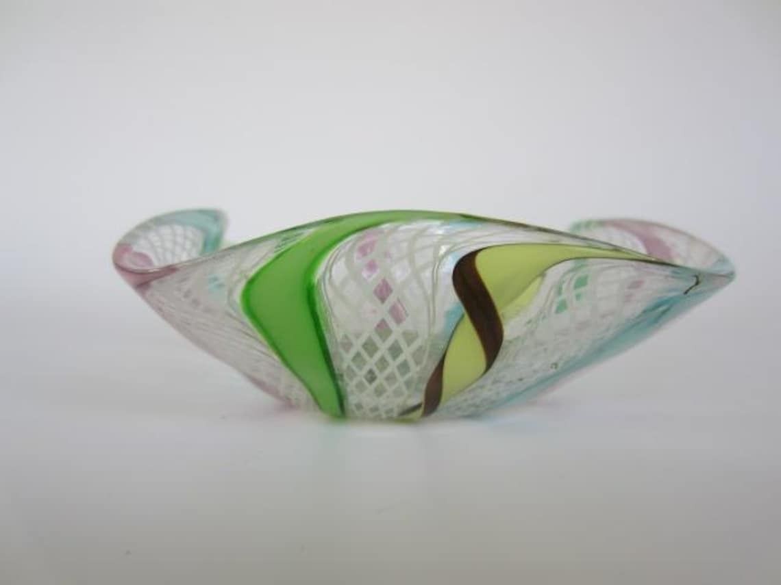 Murano Rare Zanfirico Latticino Pastel Rainbow Ribbon Ruffled Square Bowl photo 64.0