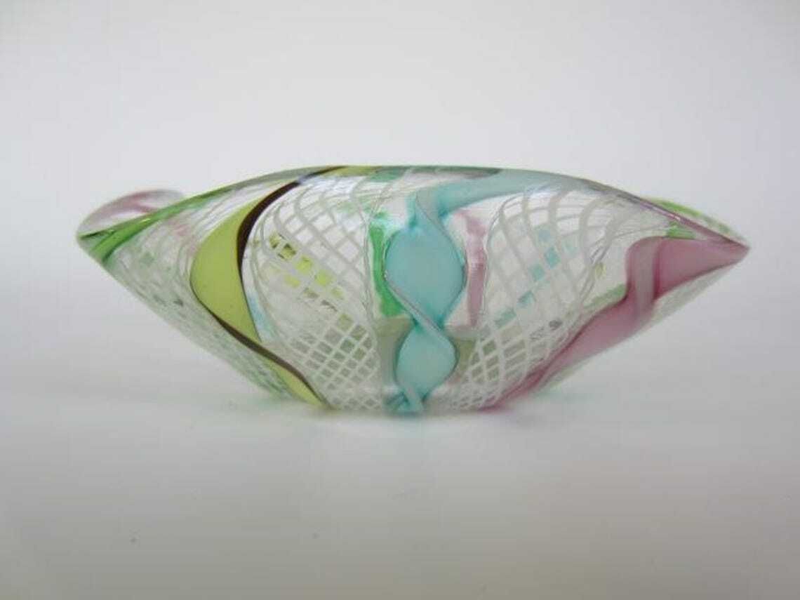 Murano Rare Zanfirico Latticino Pastel Rainbow Ribbon Ruffled Square Bowl photo vinterior