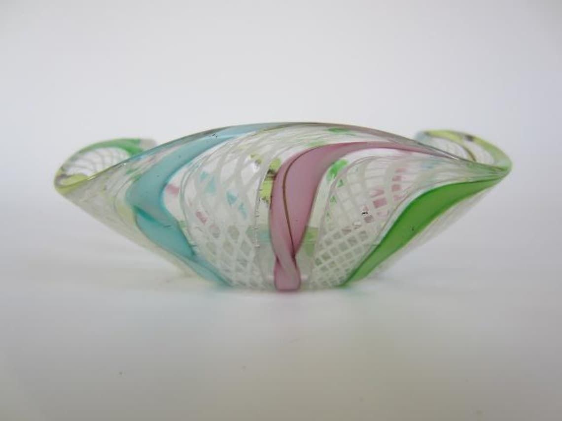 Murano Rare Zanfirico Latticino Pastel Rainbow Ribbon Ruffled Square Bowl photo buy