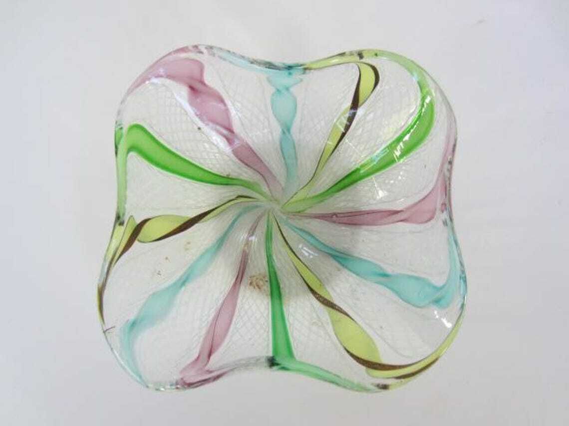 Murano Rare Zanfirico Latticino Pastel Rainbow Ribbon Ruffled Square Bowl photo vintage