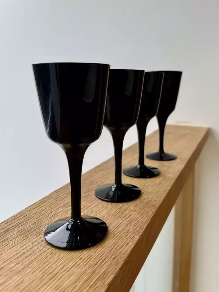 Vintage Royal Krona älghult Glasbruk Sweden Glossy Black Glass Wine Glasses photo vinterior