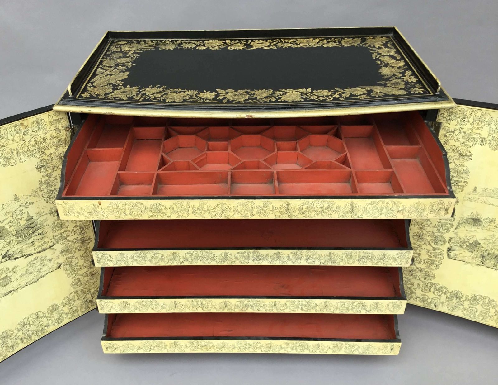 Furniture Rare Regency Chinoiserie Penwork Collectors Cabinet On Stand photo
