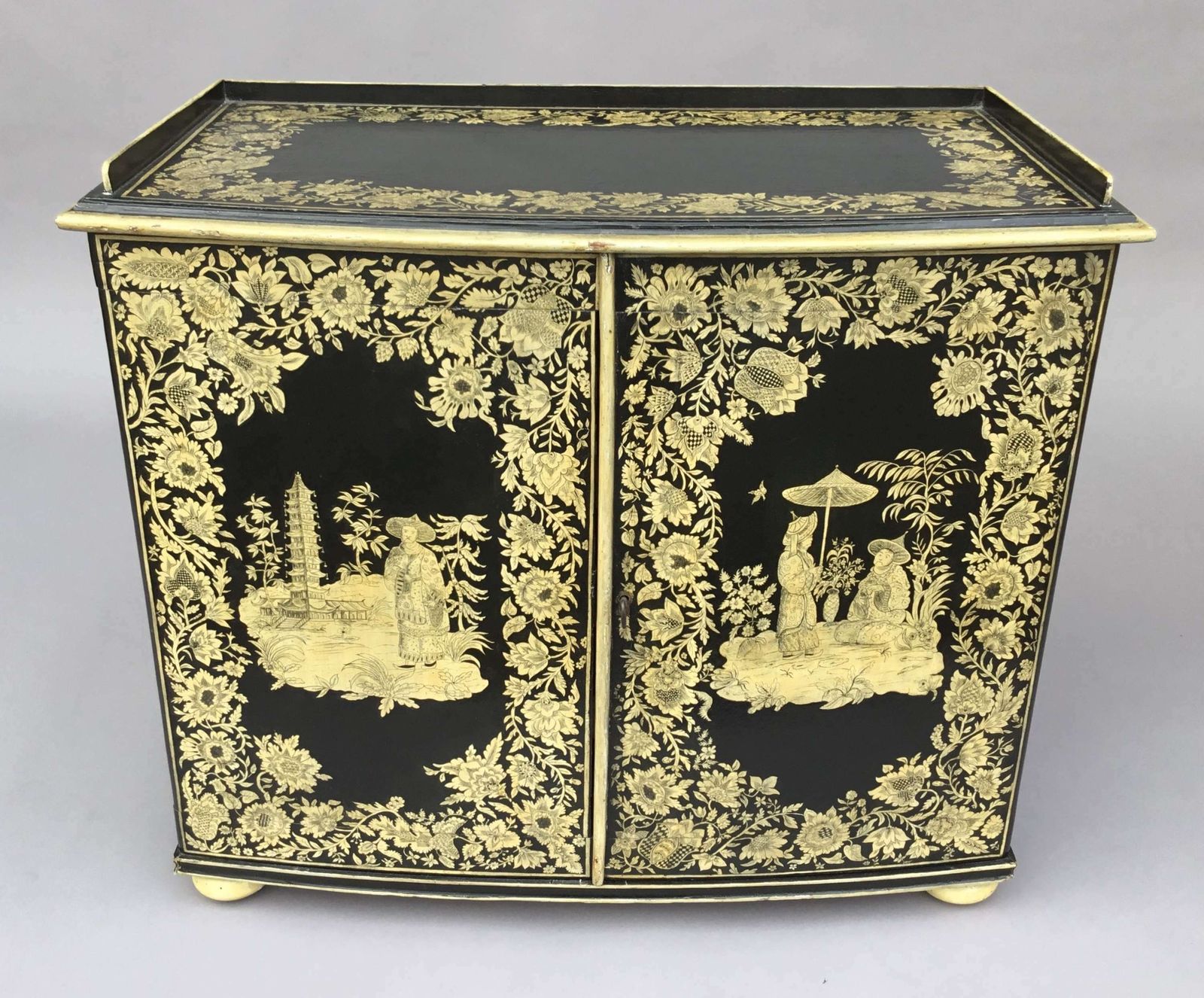 photo vintage Rare Regency Chinoiserie Penwork Collectors Cabinet On Stand
