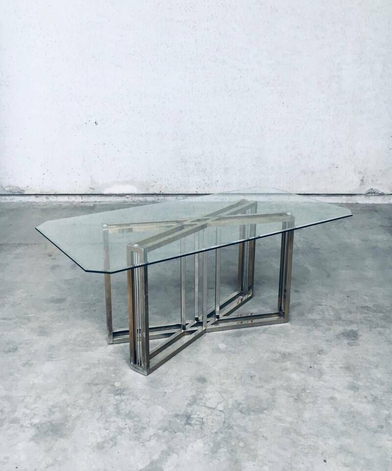 Hollywood Regency Stijl Geometrisch Ontwerp Messing & Glas Eettafel Van Belgochrom photo for sale