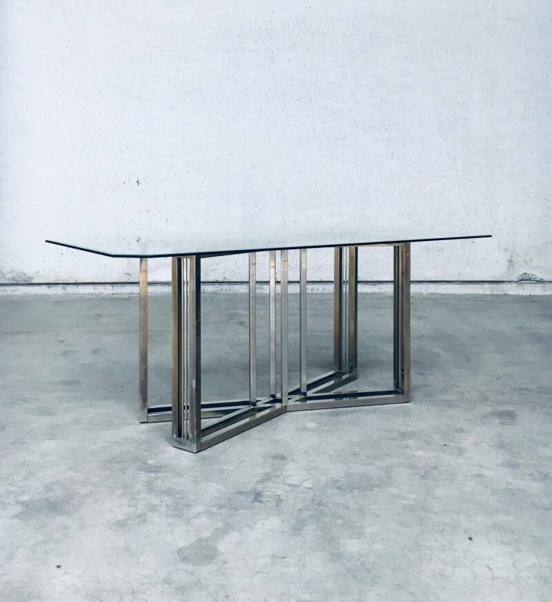 Hollywood Regency Style Geometrical Design Brass & Glass Dining Table By Belgochrom photo buy