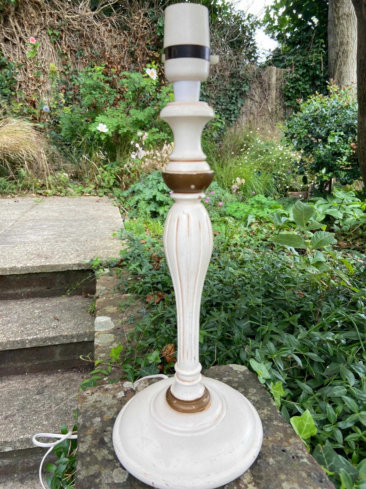 Smashing 1970s Painted White Wooden Lamp With Super Purple Underside Felt! Vintage Wooden White Table Lamp photo furniture