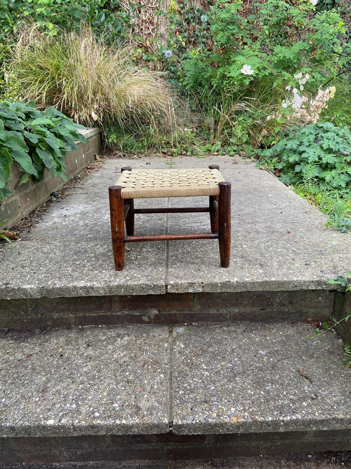 Child's Vintage String Woven Antique Wooden Stool   Dark Wood Frame With Woven String Hatched Seat   Child's Stool, Foot Stool, Plant Stand