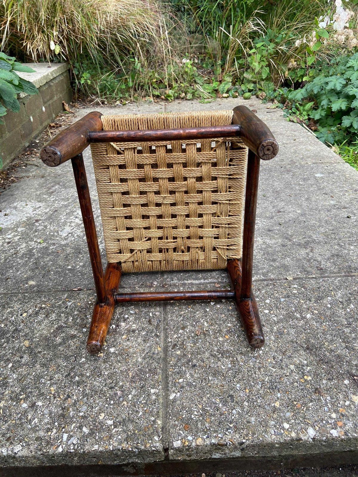 Child's Vintage String Woven Antique Wooden Stool   Dark Wood Frame With Woven String Hatched Seat   Child's Stool, Foot Stool, Plant Stand photo buy