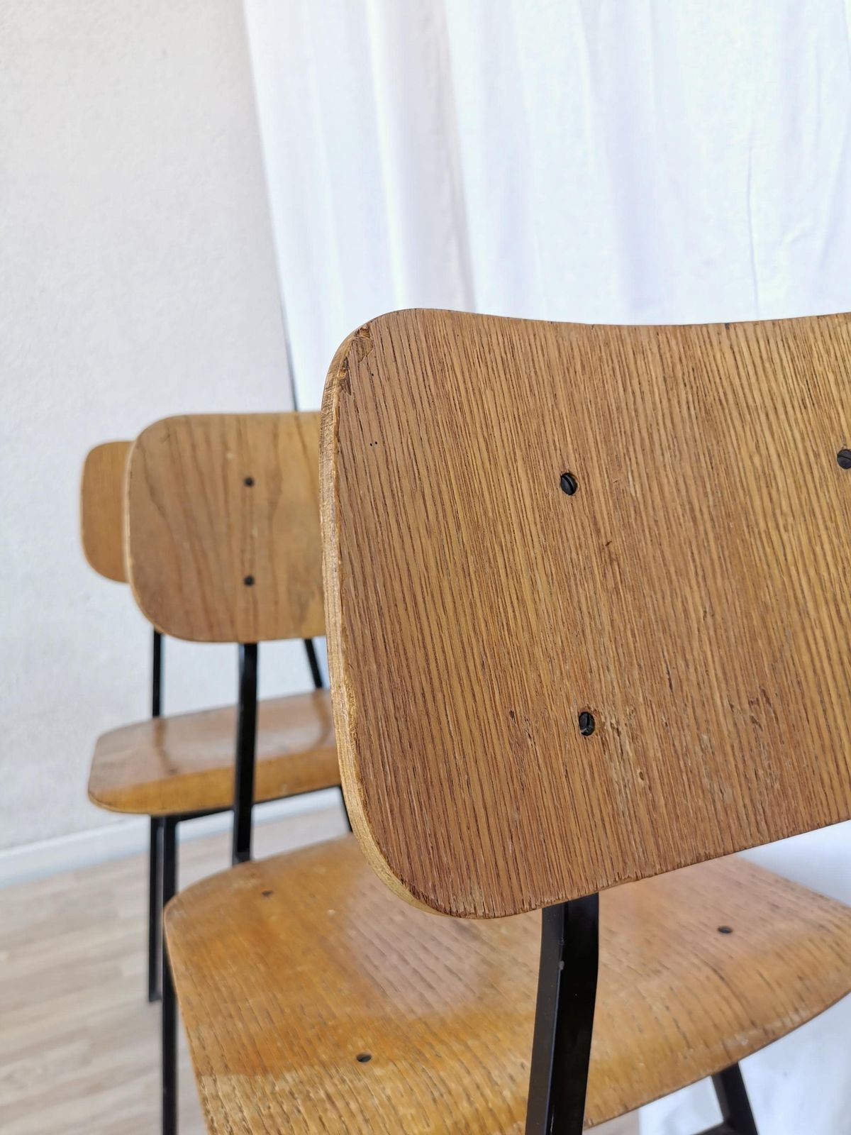 photo furniture Set Of 3 Vintage School Chairs / Retro Wooden Dining Chair With Metal Base / Stol Kamnik Yugoslavia 1970 / Mid Century Dine Bistro Bar Pub