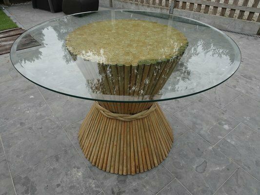 Mc Guire Bamboo Rattan And Glass Dining Table, 1970s