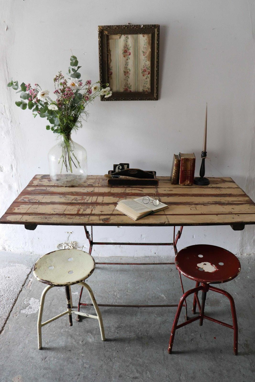 Striking Vintage French Trestle Table Or Desk With Attractive Painted And Distressed Plank Top And Metal Folding Legs photo furniture