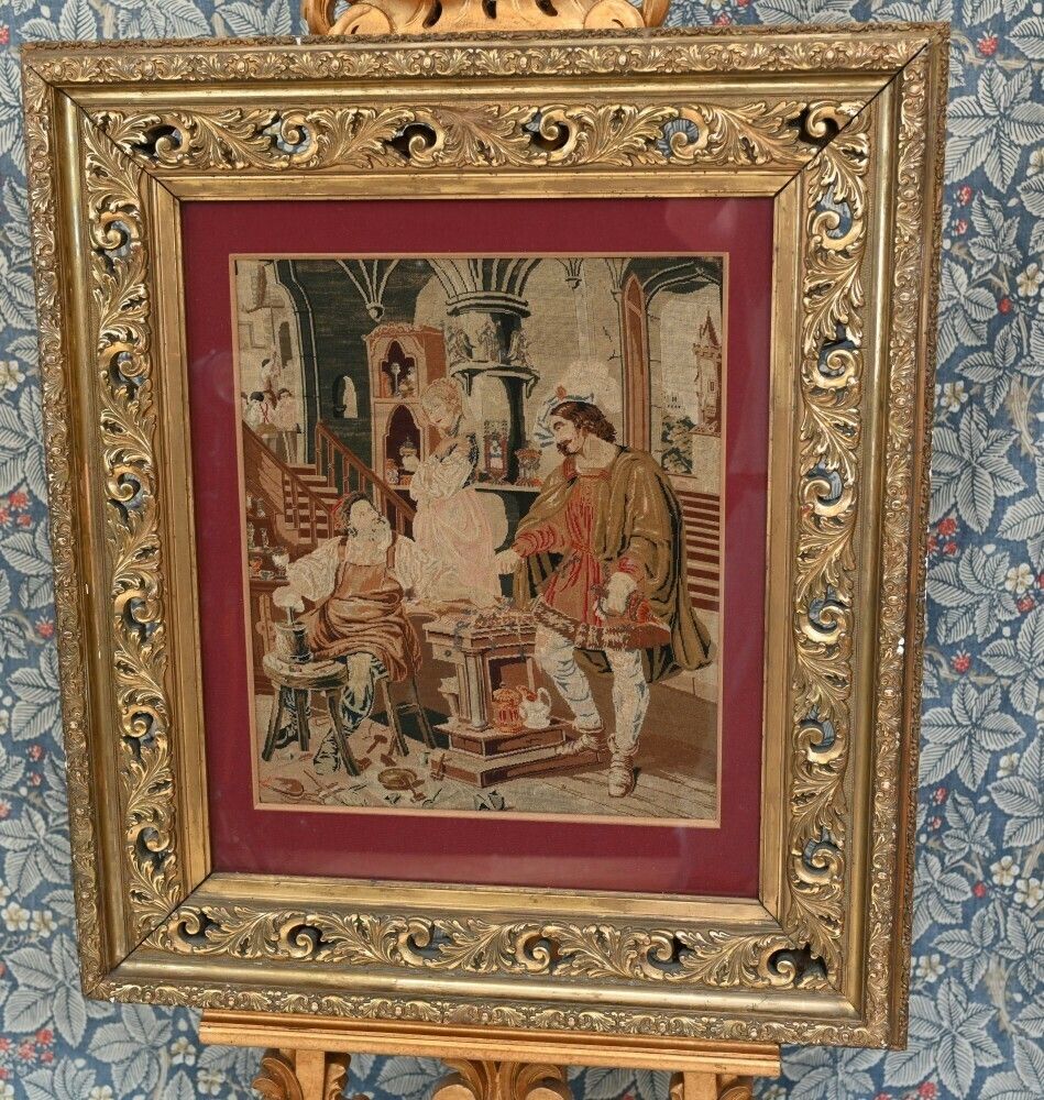 Italian Needlepoint Tapestry Cobbler And Prince Portrait 1860 photo furniture