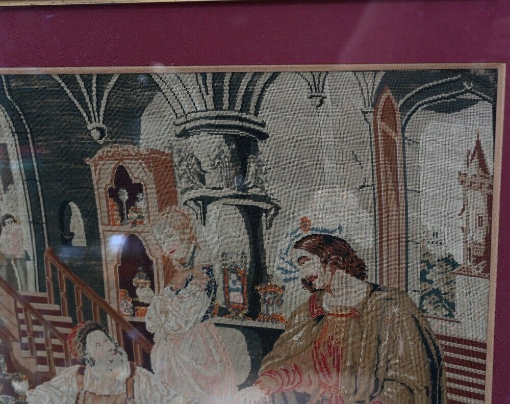 Italian Needlepoint Tapestry Cobbler And Prince Portrait 1860 photo for sale