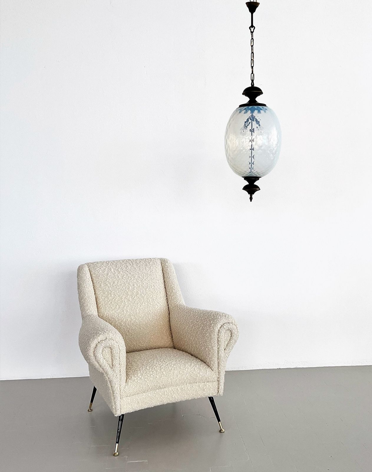Italian Pendant  Lantern In Brass And Opaline Textural Murano Glass, 1970 photo Lighting