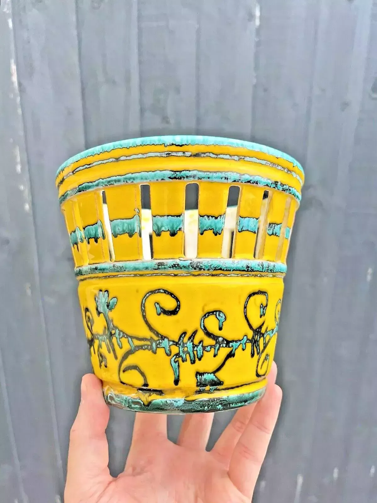 Unusual Pierced Mid Century 60's Italian Pottery Dripglaze Plant Pot Space Age