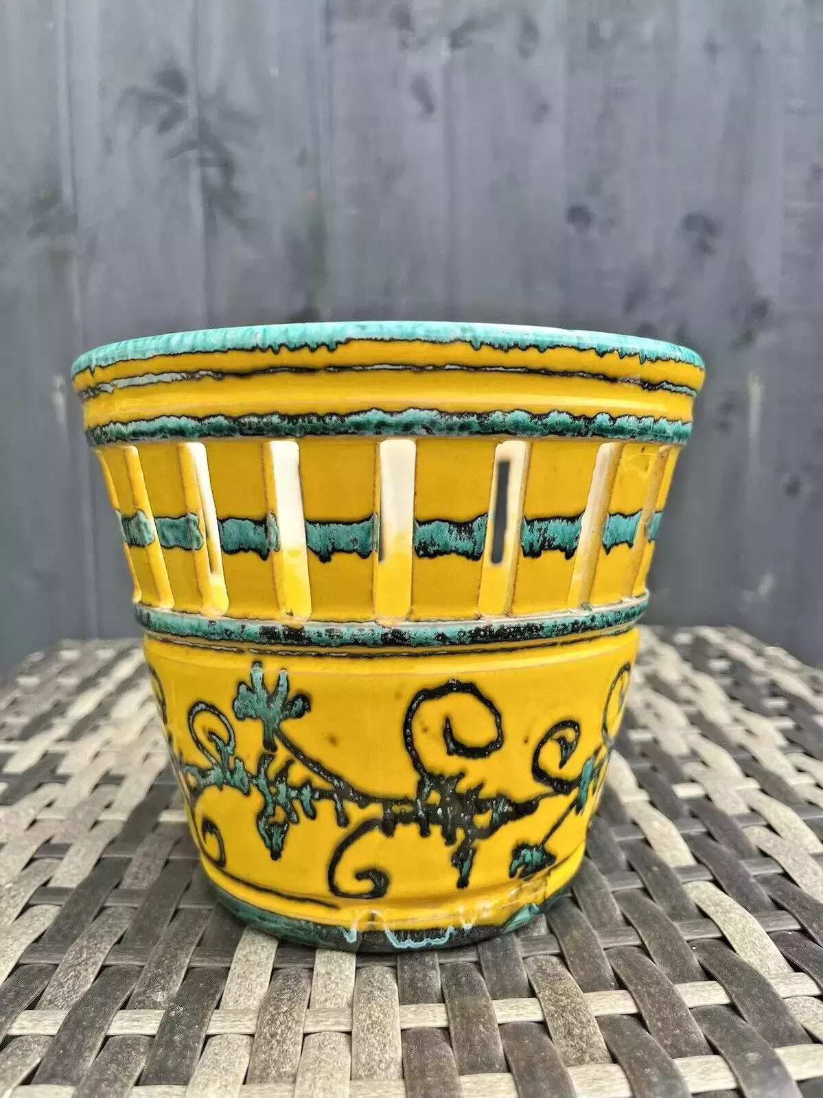 Unusual Pierced Mid Century 60's Italian Pottery Dripglaze Plant Pot Space Age photo vinterior