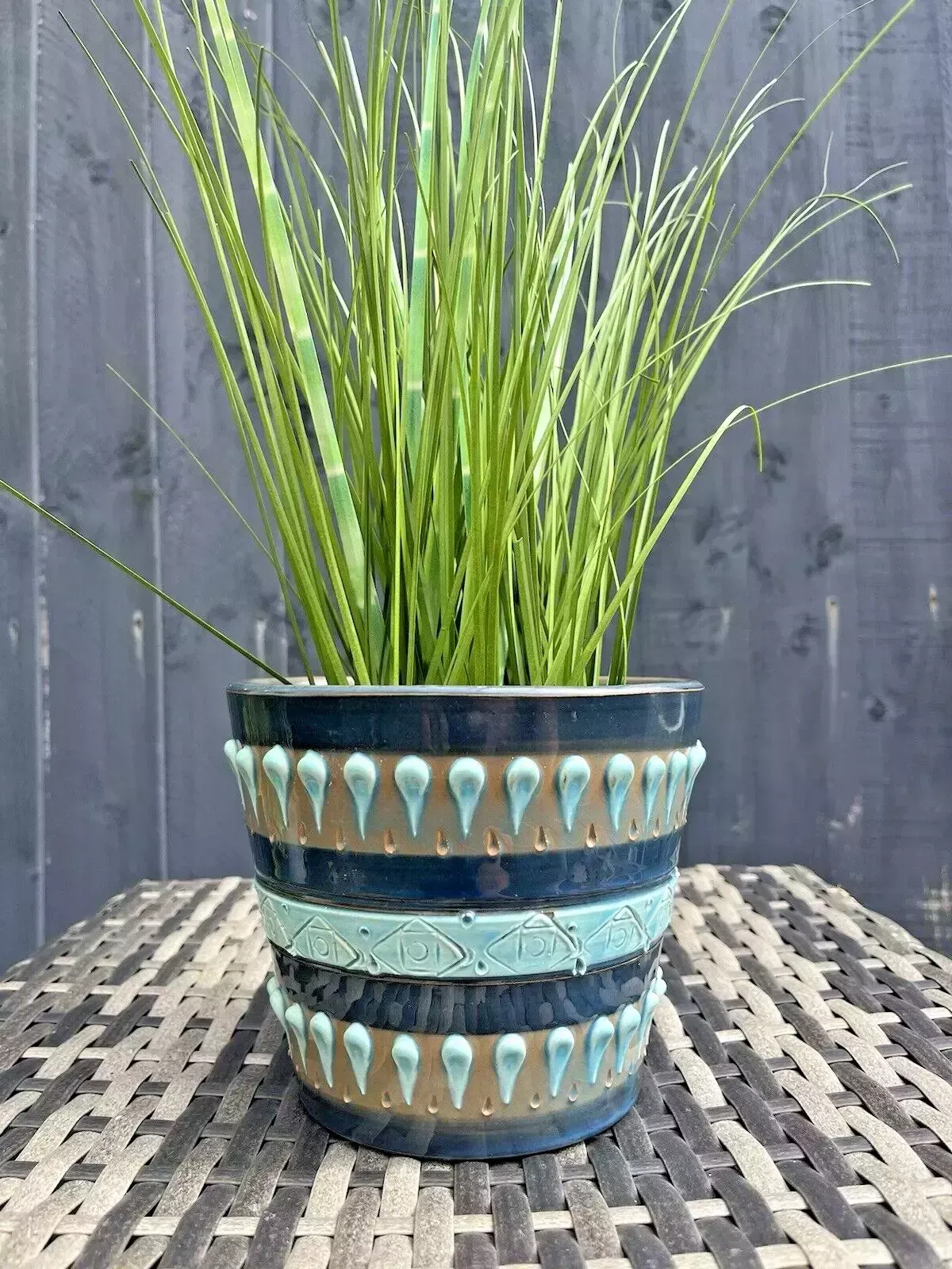 Mid Century Italian Pottery Striped Textured Abstract Planter Plant Pot 60s 70's