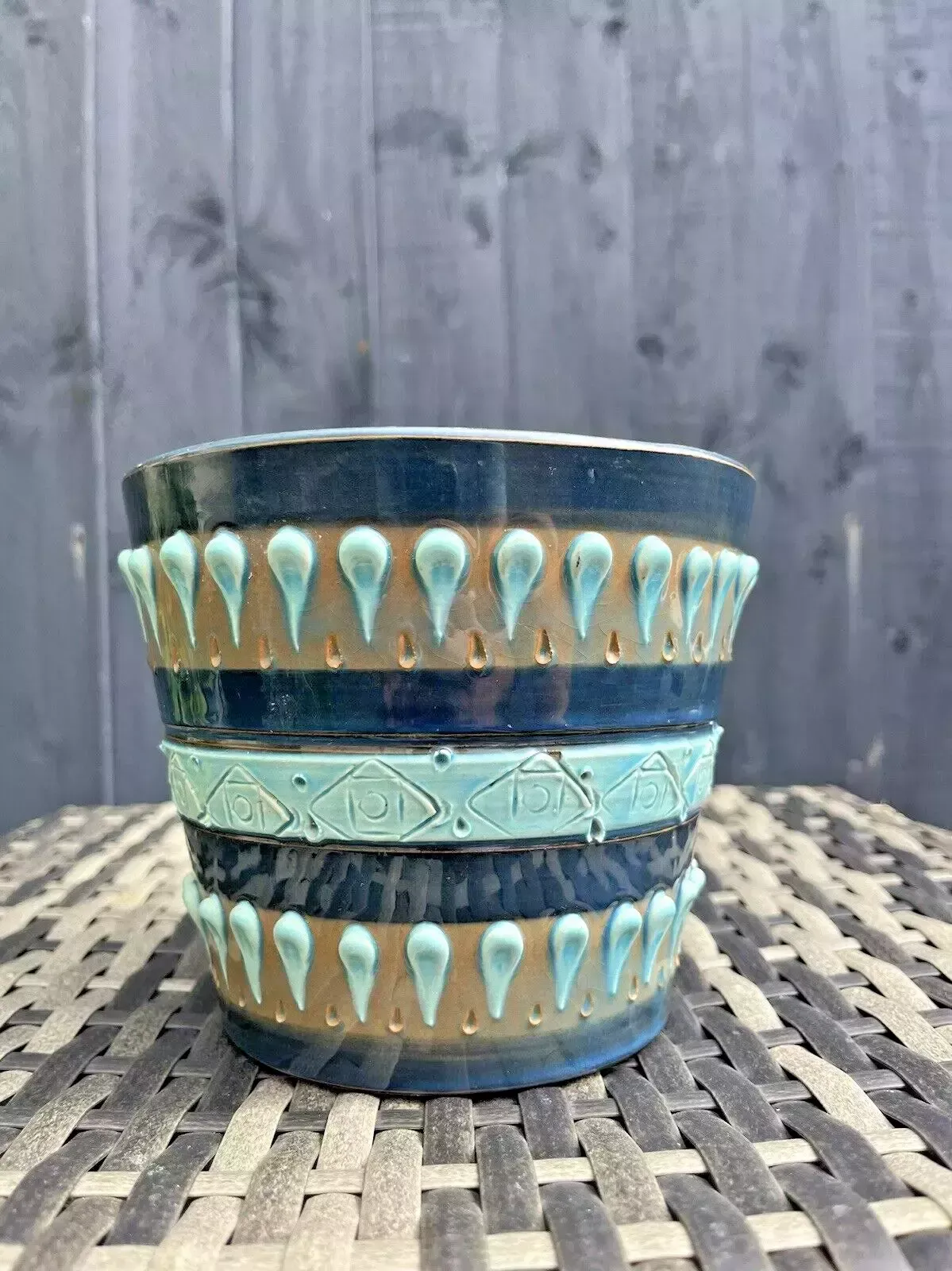 Mid Century Italian Pottery Striped Textured Abstract Planter Plant Pot 60s 70's photo for sale