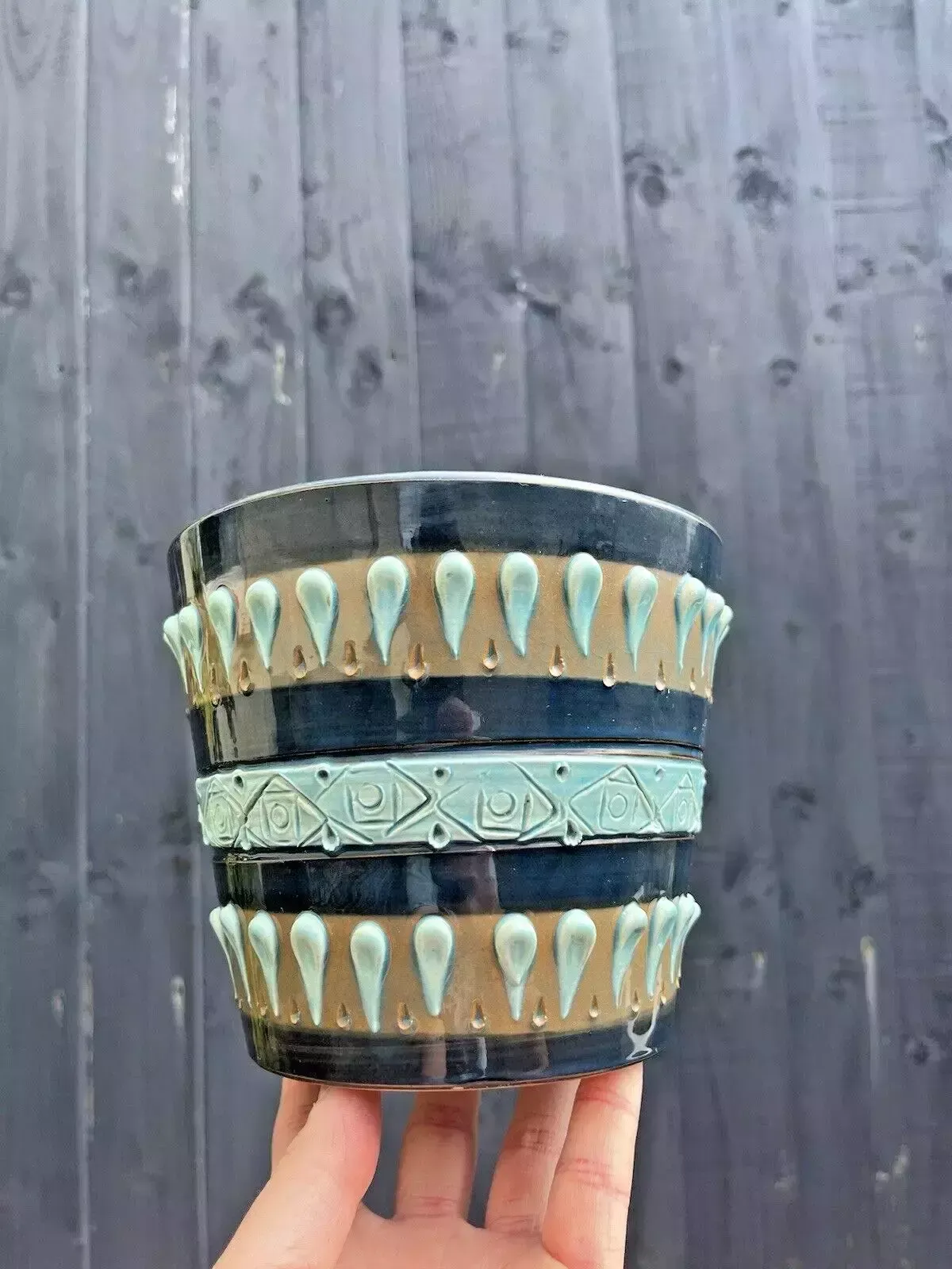 photo furniture Mid Century Italian Pottery Striped Textured Abstract Planter Plant Pot 60s 70's
