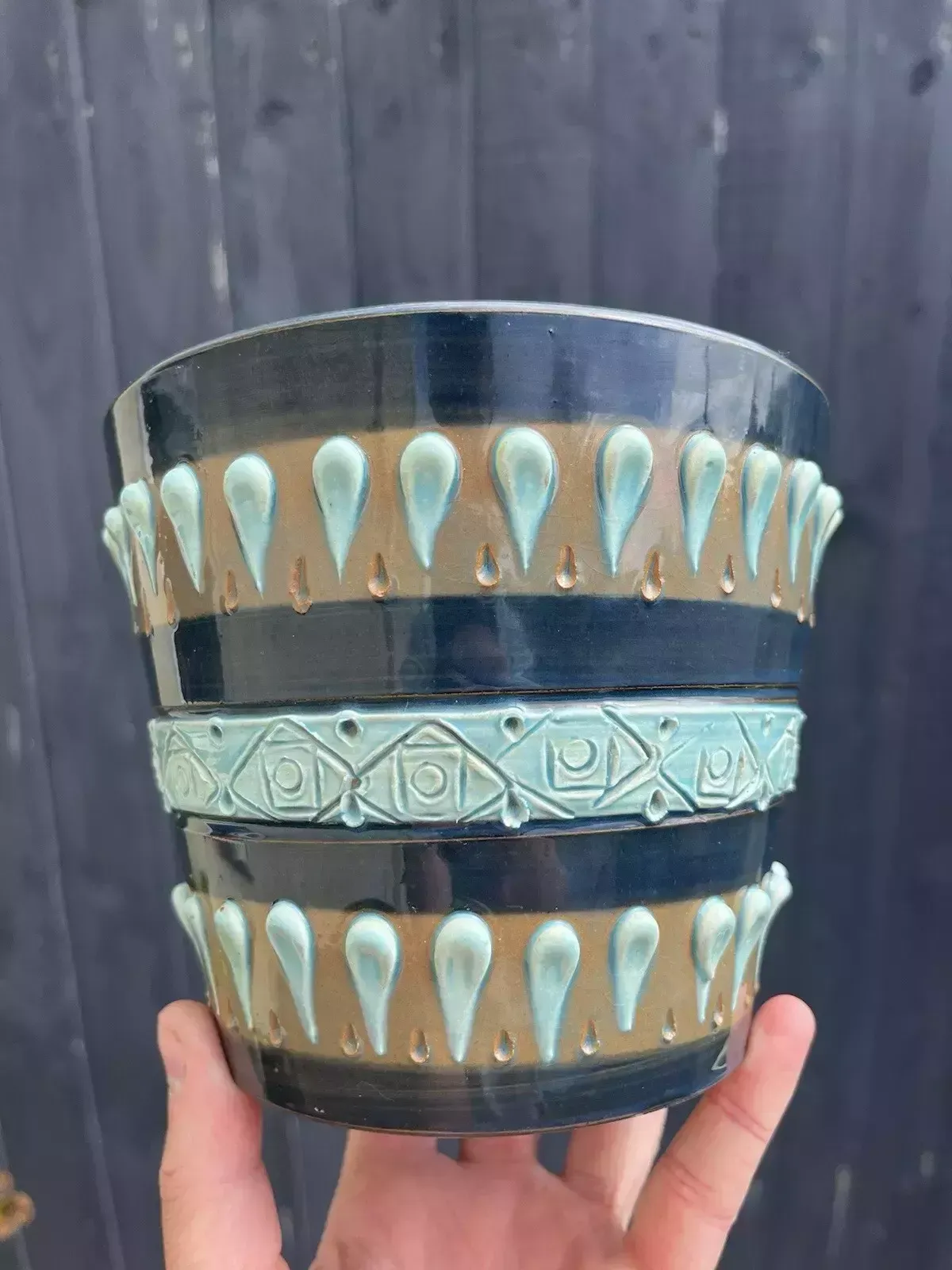 photo for sale Mid Century Italian Pottery Striped Textured Abstract Planter Plant Pot 60s 70's