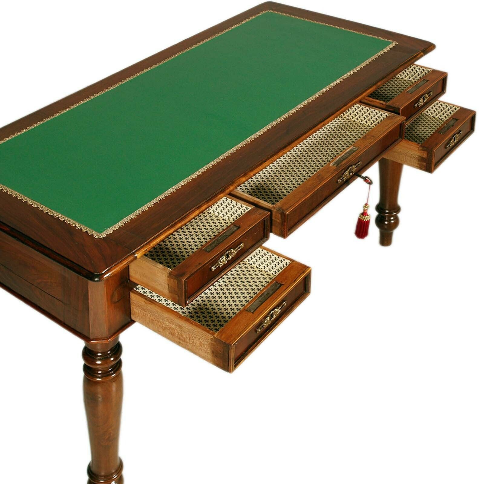 Desk 19th Century Italy Walnut Drawers Louis Philippe Green Leather Top Restored photo vinterior