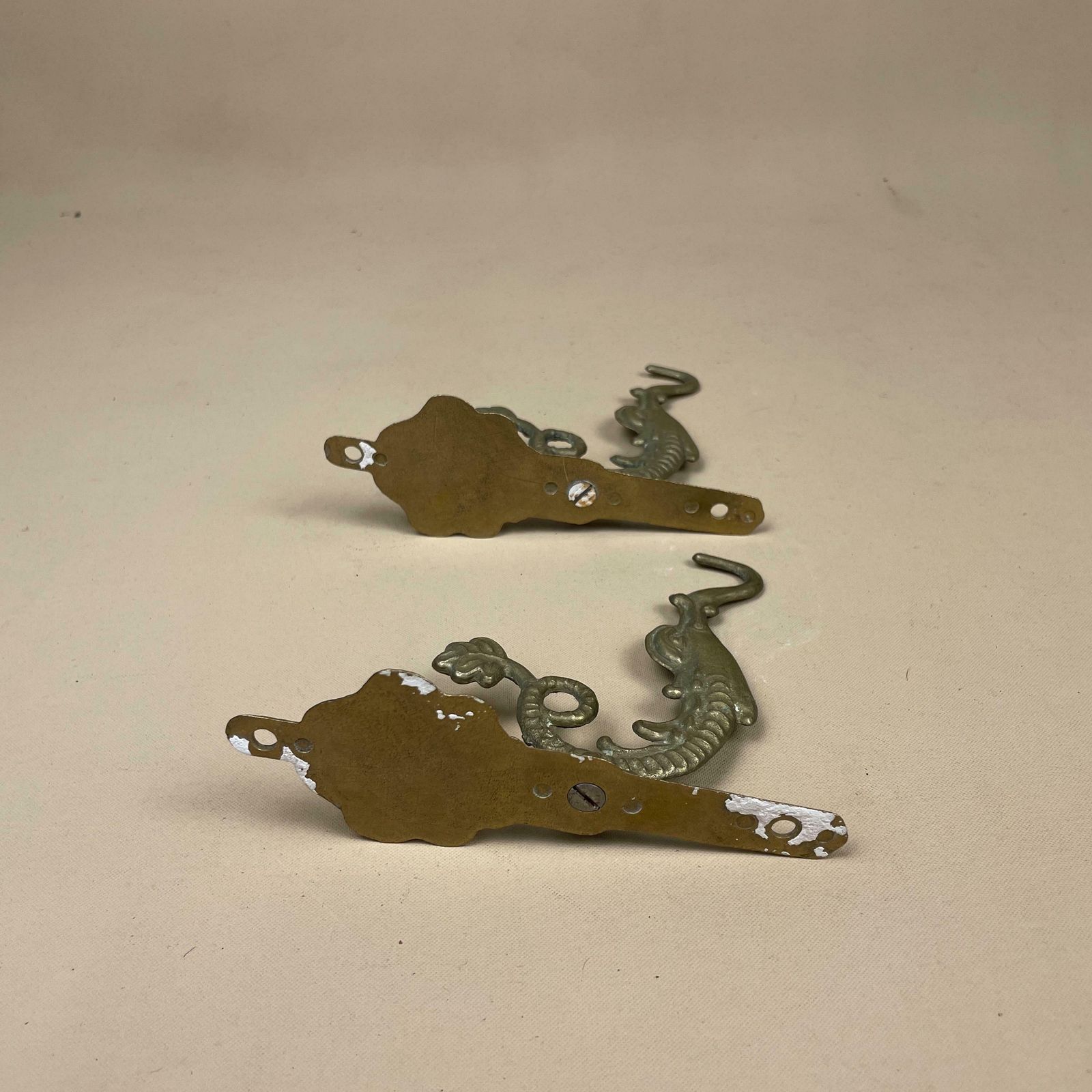 photo for sale X2 Antique Solid Brass Wall Hook Hanging Vintage Coat Hooks Ornate Pattern Aged Fixture Cottage Oriental Chinese Old Set Door Hanger