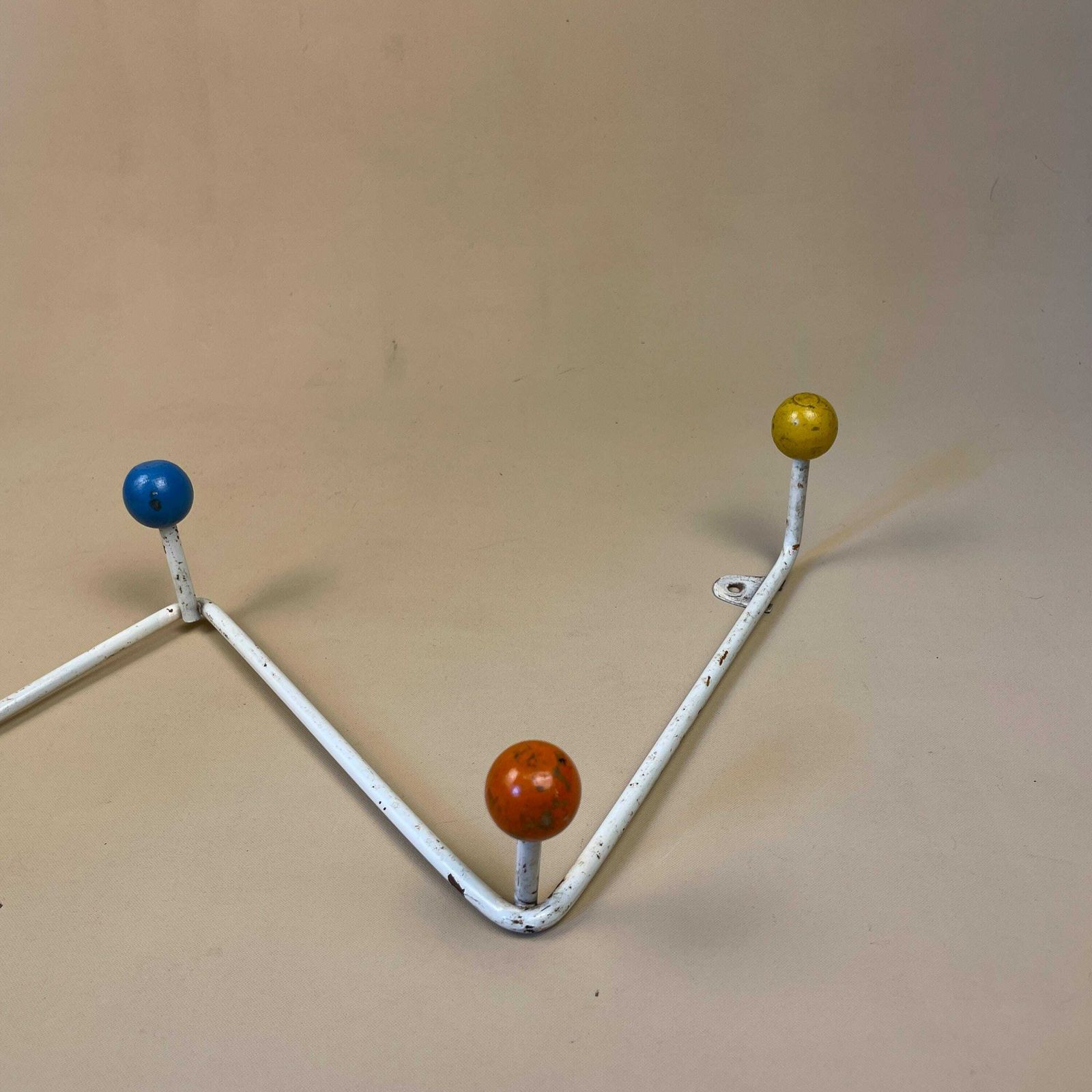 Vintage Retro Metal Kids Wooden Wall Coat Room Hanger Rack Hook 5 Hooks Wood Cottage Mud Room Hallway Storage Wood Coloured Balls Children's photo for sale