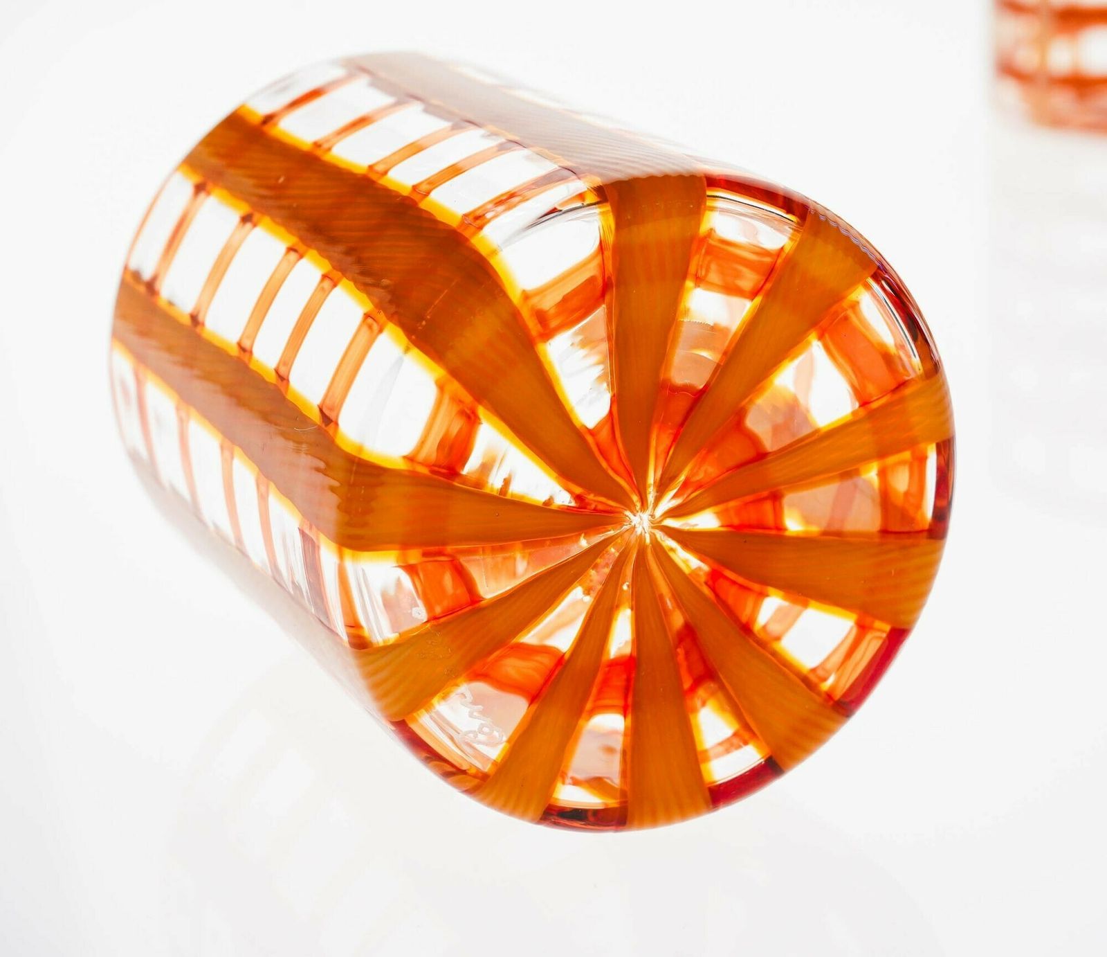 Exclusive Set Of 6 Murano Tumblers, Burnt Orange Zanfirico Over White, Cenedese photo vinterior