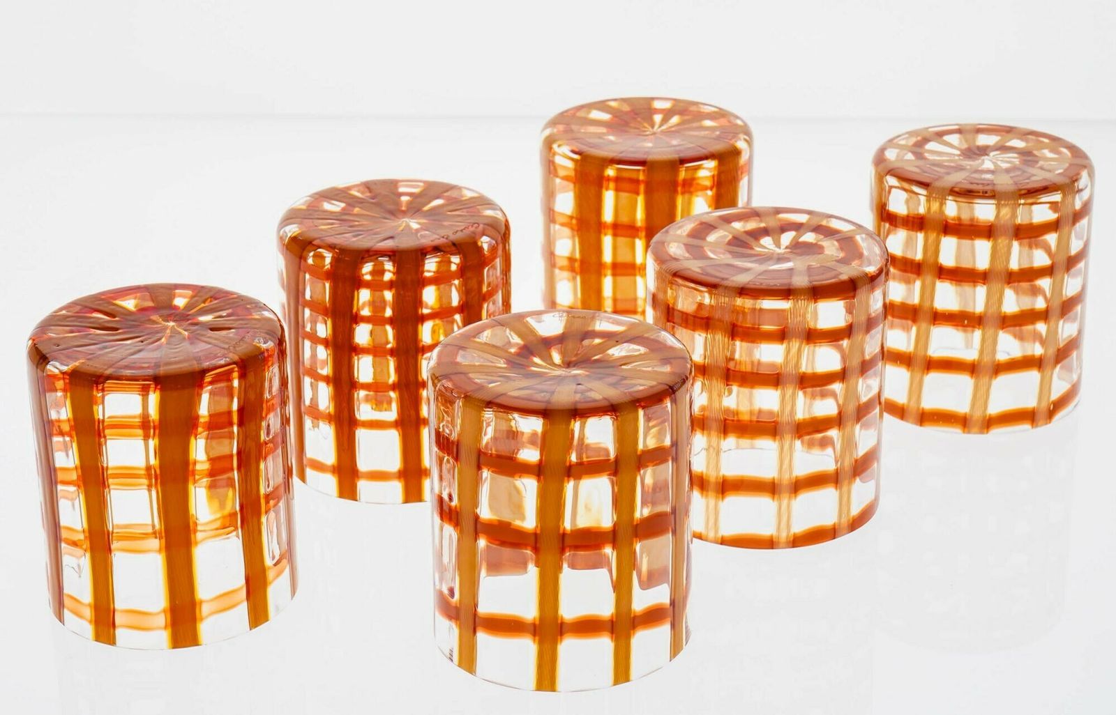 photo furniture Exclusive Set Of 6 Murano Tumblers, Burnt Orange Zanfirico Over White, Cenedese
